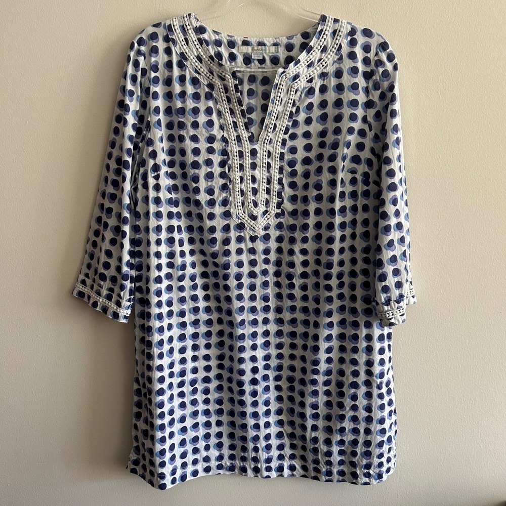 Boden Tunic Top Blue Polka Dot 10 Cotton Crochet Lace Trim V-Neck 3/4 Sleeve